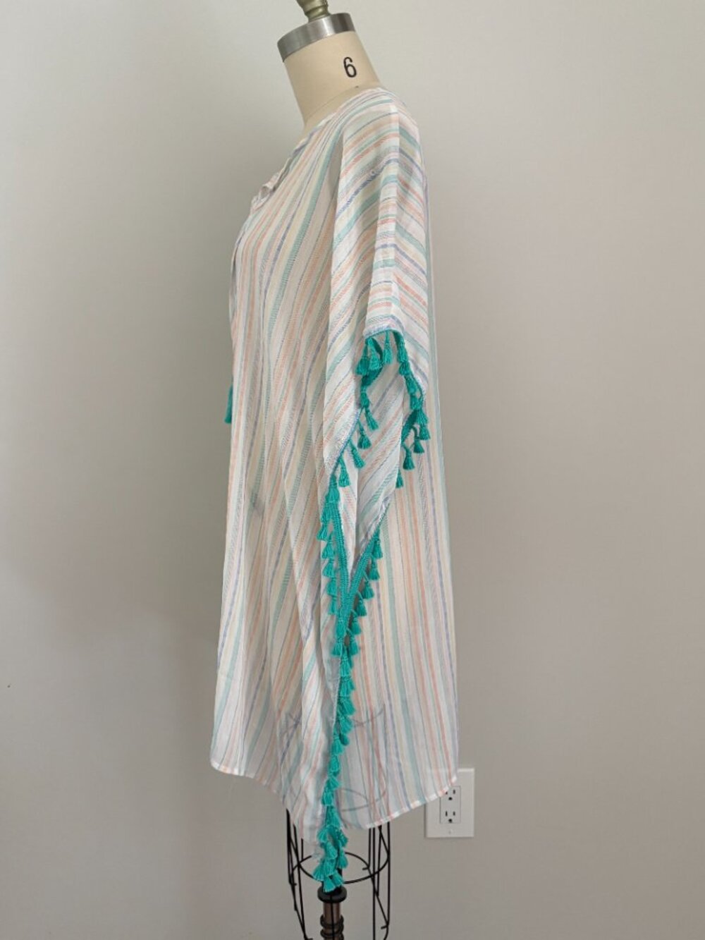 Miken Swim Pastel Stripe Boho Tassel Kaftan Cover Up Poncho Resortwear Cottage M - Picture 2 of 7